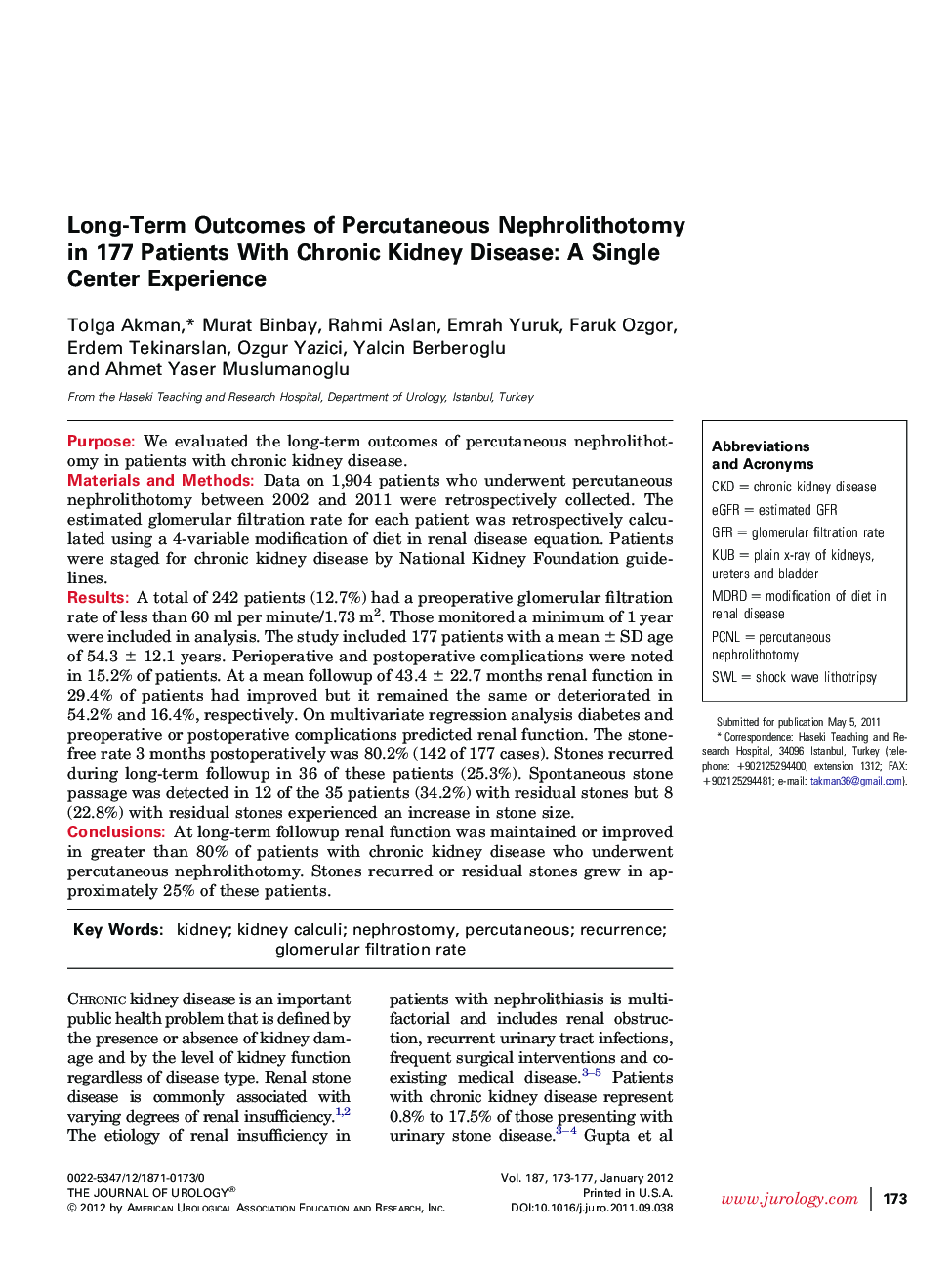 Long-Term Outcomes of Percutaneous Nephrolithotomy in 177 Patients With Chronic Kidney Disease: A Single Center Experience