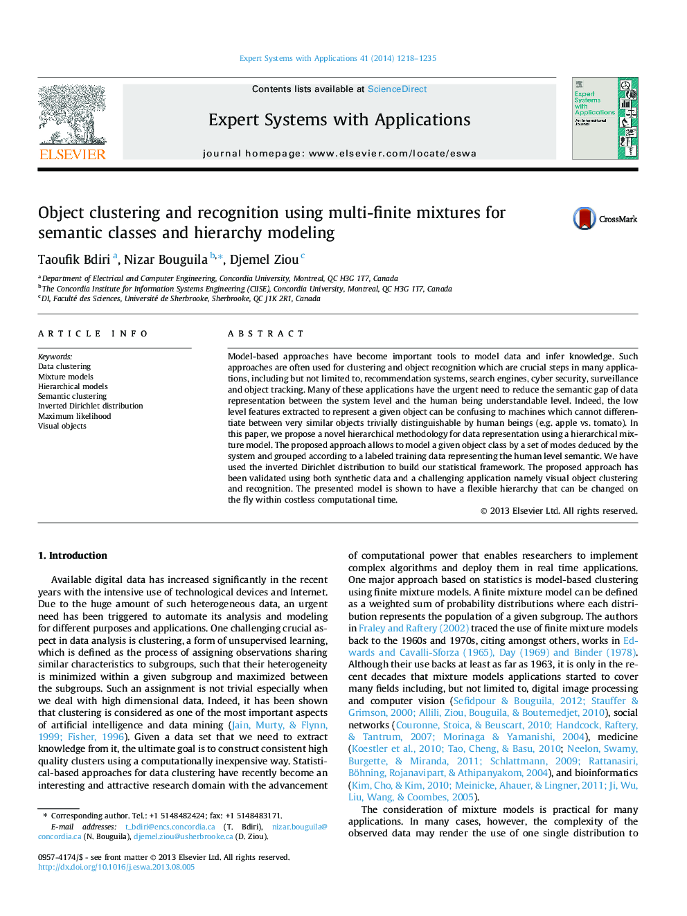 Object clustering and recognition using multi-finite mixtures for semantic classes and hierarchy modeling