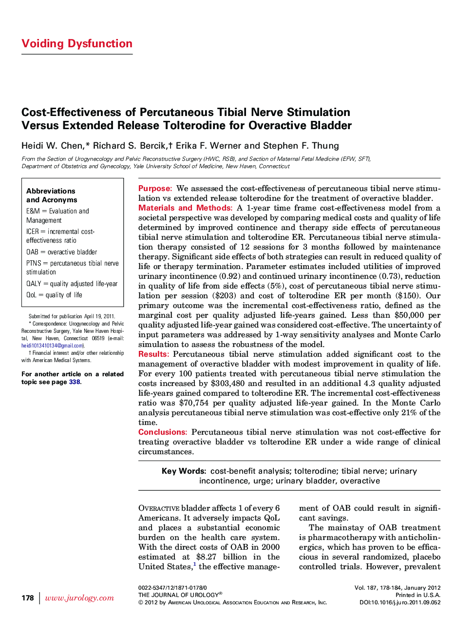 Cost-Effectiveness of Percutaneous Tibial Nerve Stimulation Versus Extended Release Tolterodine for Overactive Bladder