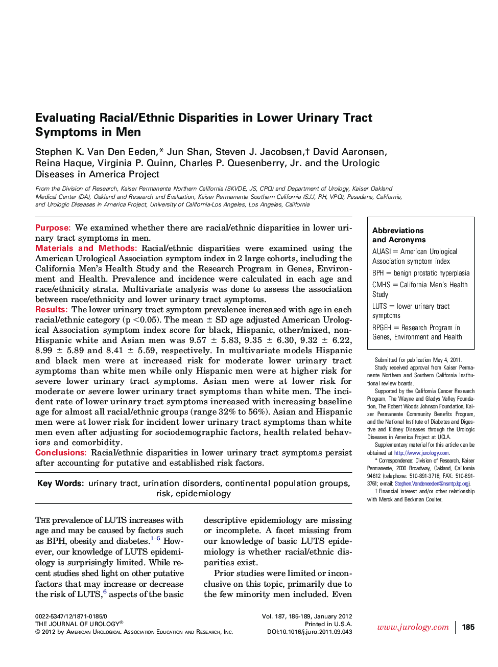 Evaluating Racial/Ethnic Disparities in Lower Urinary Tract Symptoms in Men 