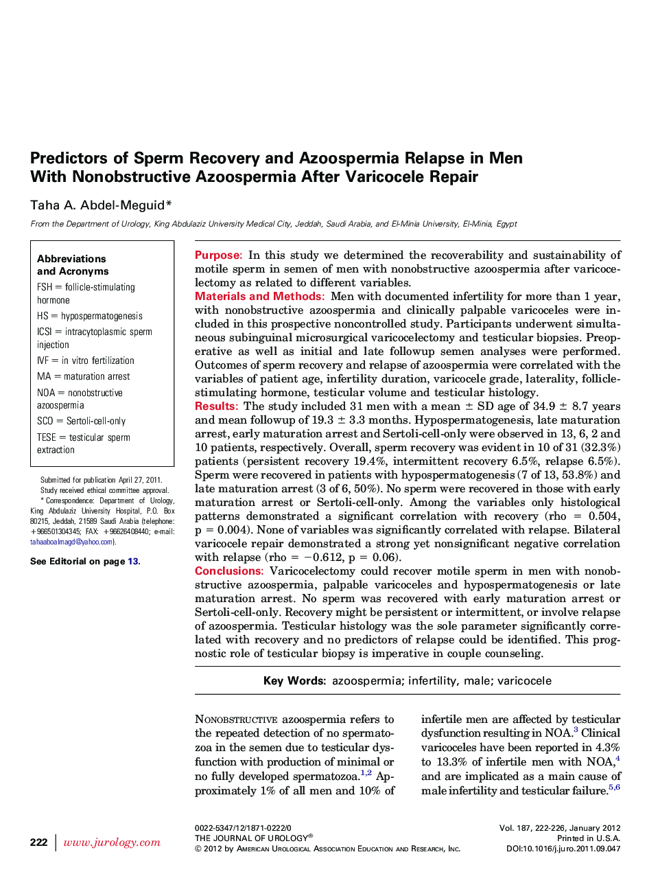 Predictors of Sperm Recovery and Azoospermia Relapse in Men With Nonobstructive Azoospermia After Varicocele Repair 