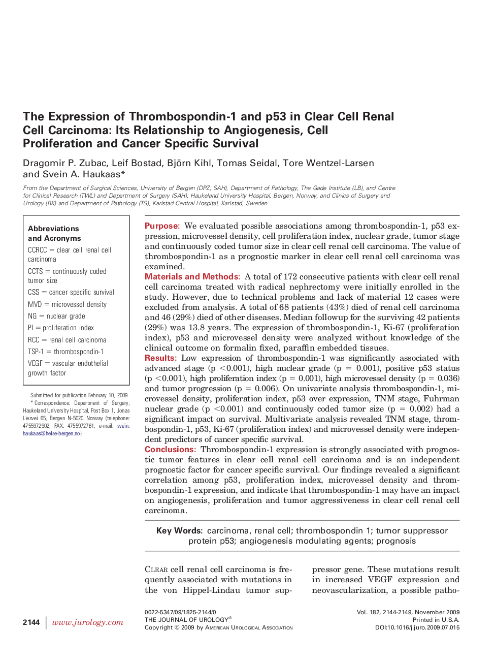 The Expression of Thrombospondin-1 and p53 in Clear Cell Renal Cell Carcinoma: Its Relationship to Angiogenesis, Cell Proliferation and Cancer Specific Survival