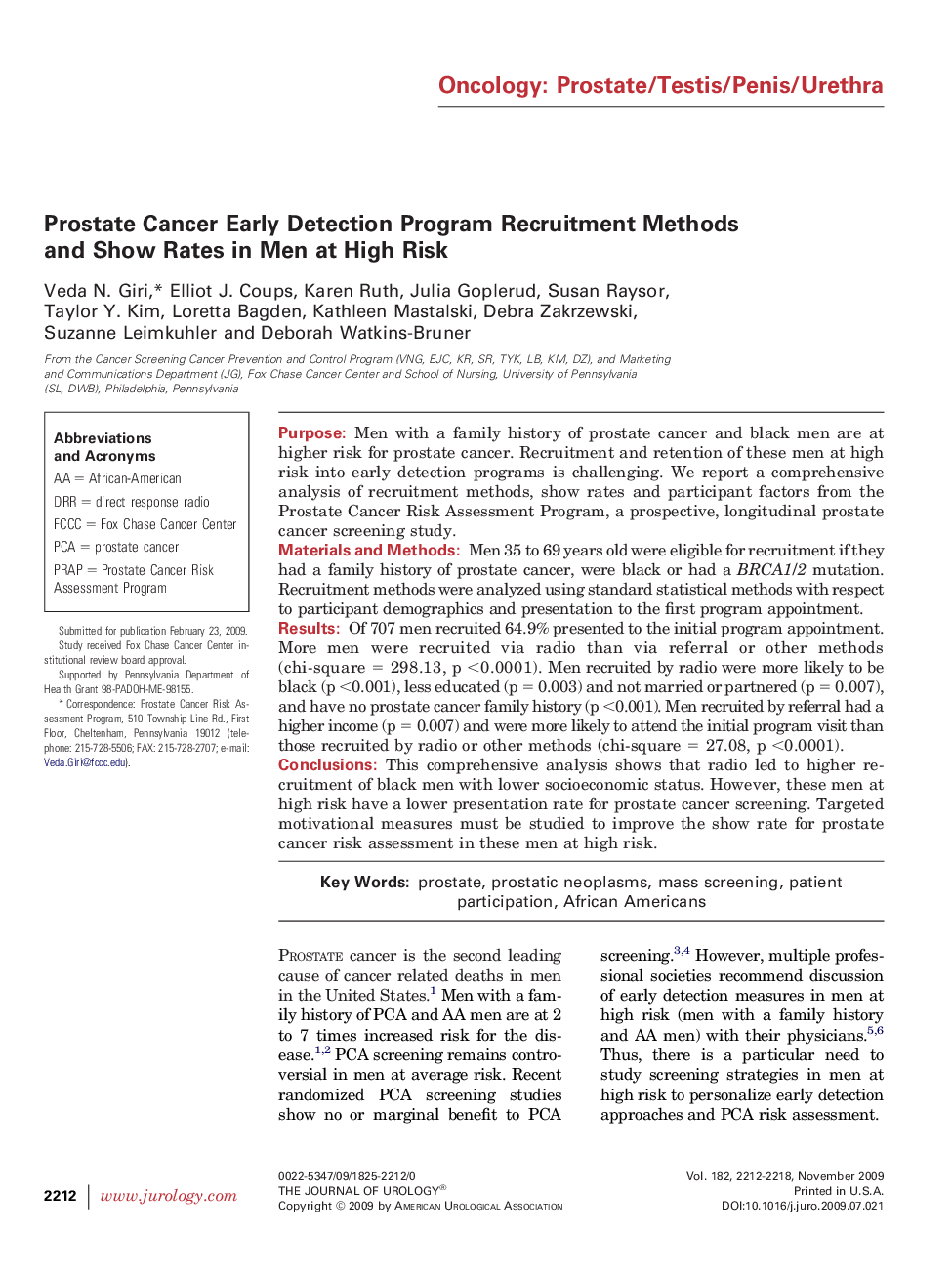 Prostate Cancer Early Detection Program Recruitment Methods and Show Rates in Men at High Risk