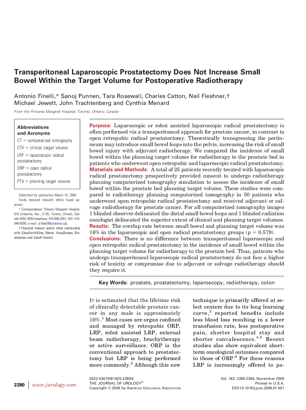 Transperitoneal Laparoscopic Prostatectomy Does Not Increase Small Bowel Within the Target Volume for Postoperative Radiotherapy 