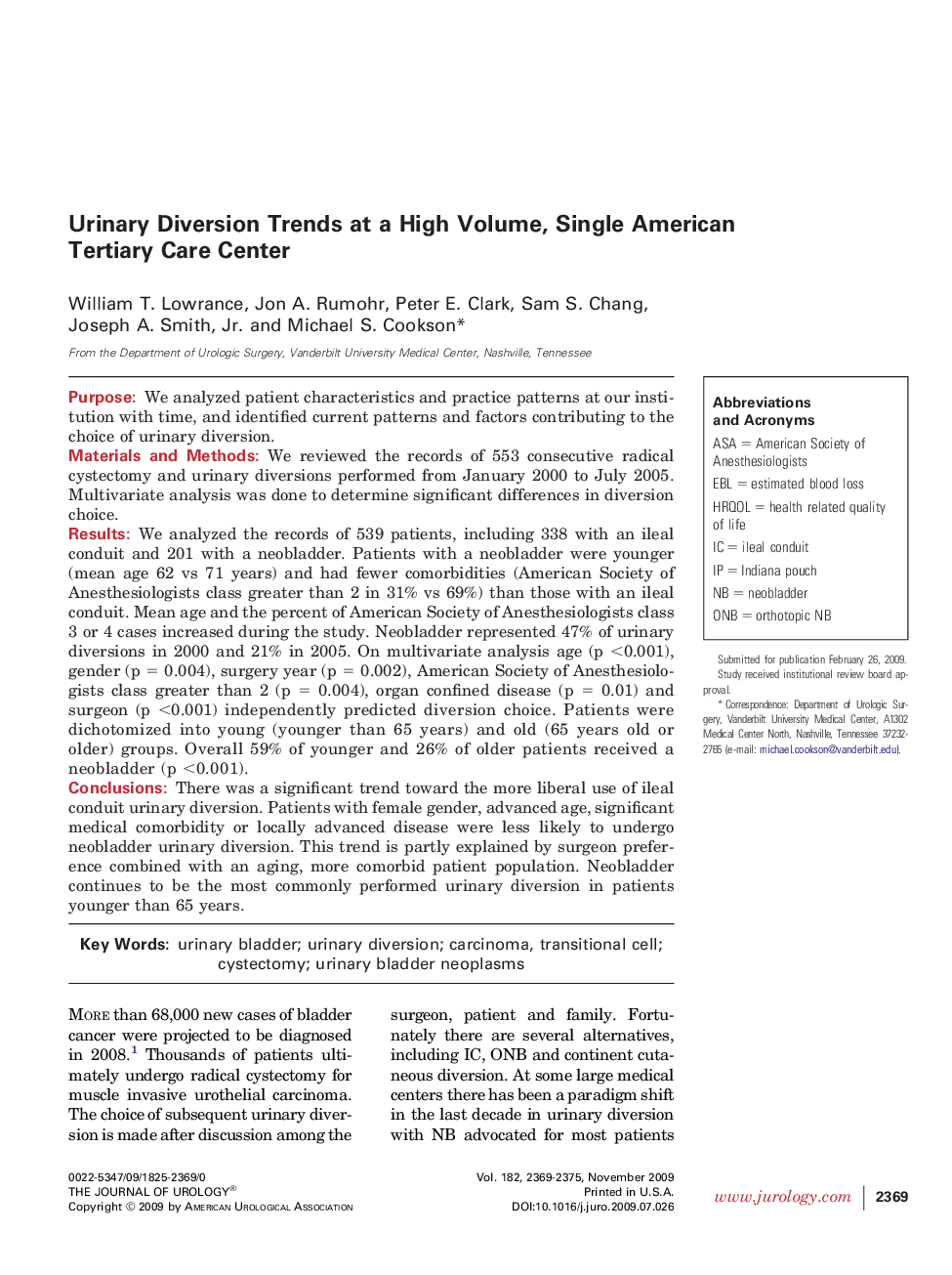 Urinary Diversion Trends at a High Volume, Single American Tertiary Care Center 