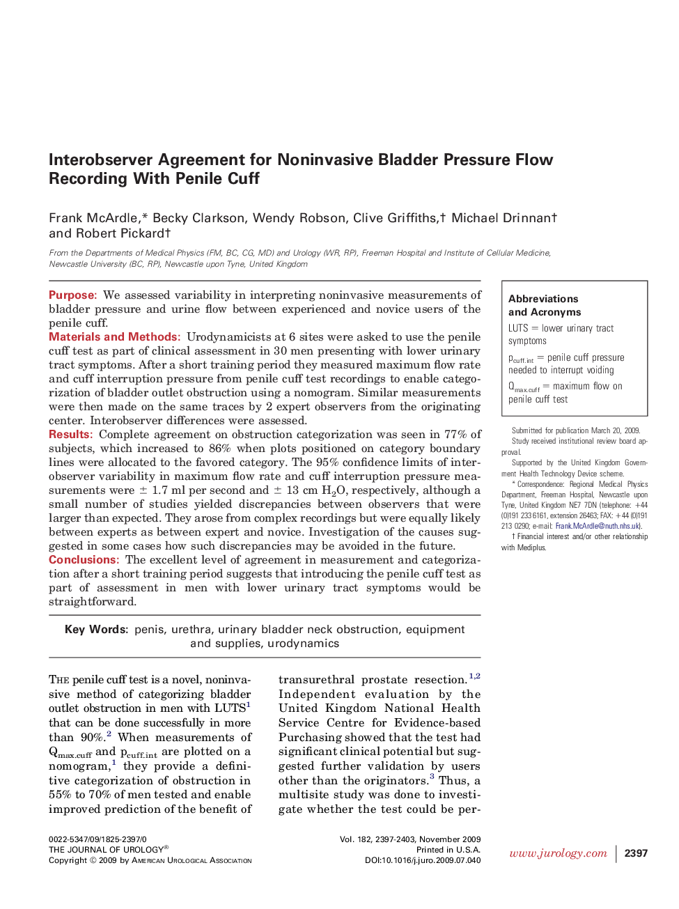 Interobserver Agreement for Noninvasive Bladder Pressure Flow Recording With Penile Cuff 