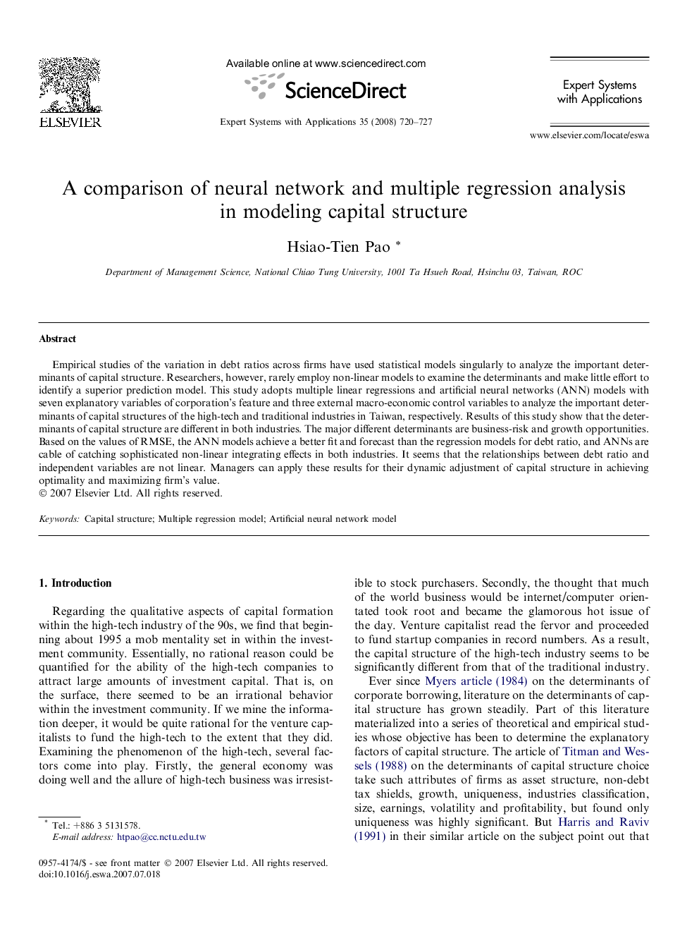 عکس صفحه اول مقاله: A comparison of neural network and multiple regression analysis in modeling capital structure A comparison of neural network and multiple regression analysis in modeling capital structure