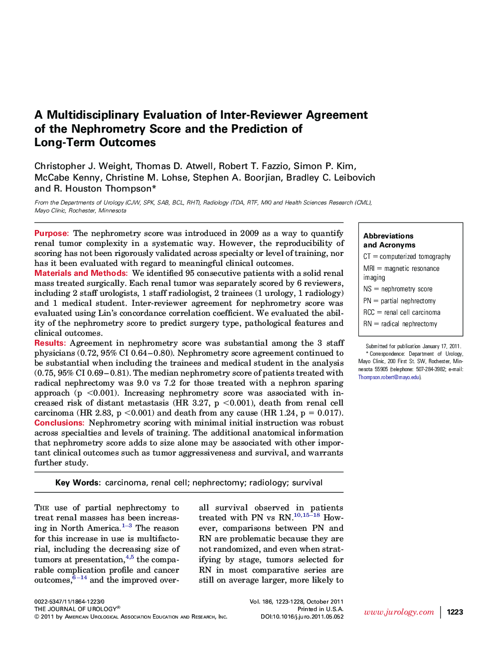 A Multidisciplinary Evaluation of Inter-Reviewer Agreement of the Nephrometry Score and the Prediction of Long-Term Outcomes