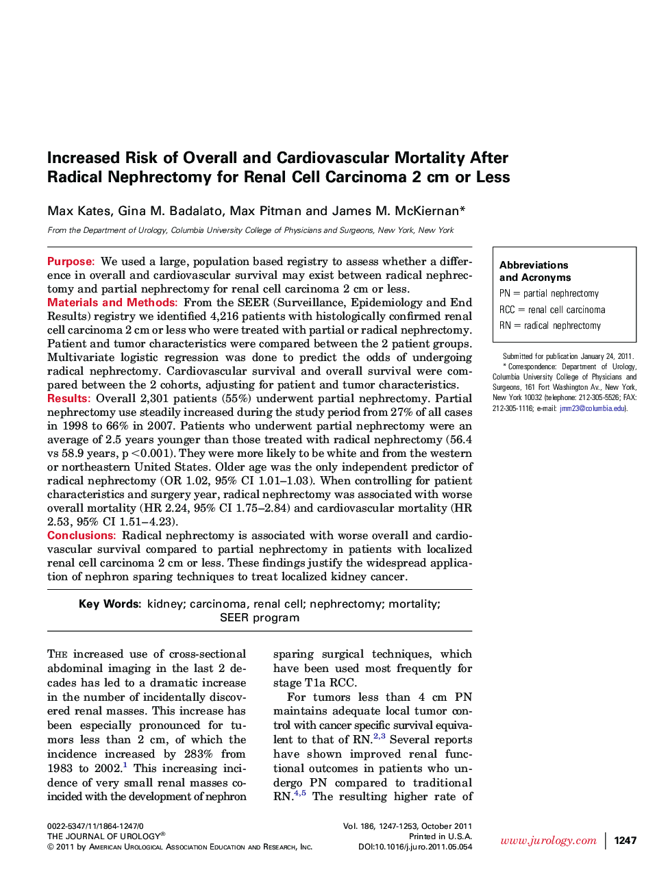 Increased Risk of Overall and Cardiovascular Mortality After Radical Nephrectomy for Renal Cell Carcinoma 2 cm or Less