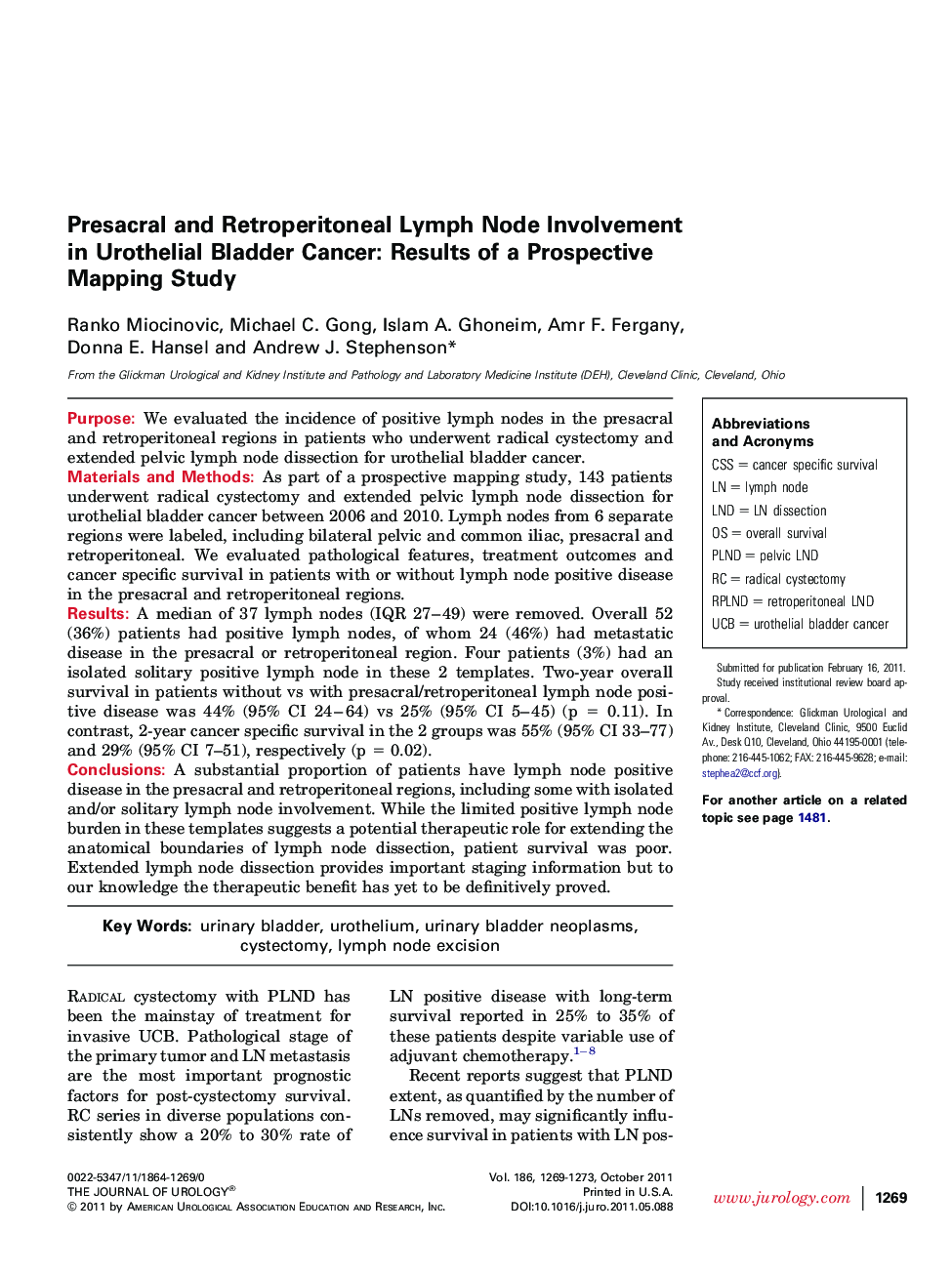 Presacral and Retroperitoneal Lymph Node Involvement in Urothelial Bladder Cancer: Results of a Prospective Mapping Study 