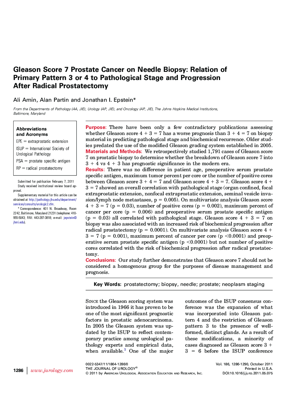 Gleason Score 7 Prostate Cancer on Needle Biopsy: Relation of Primary Pattern 3 or 4 to Pathological Stage and Progression After Radical Prostatectomy