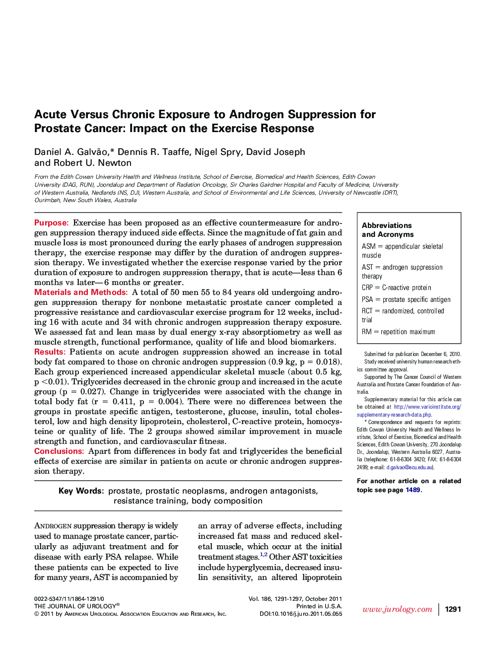 Acute Versus Chronic Exposure to Androgen Suppression for Prostate Cancer: Impact on the Exercise Response