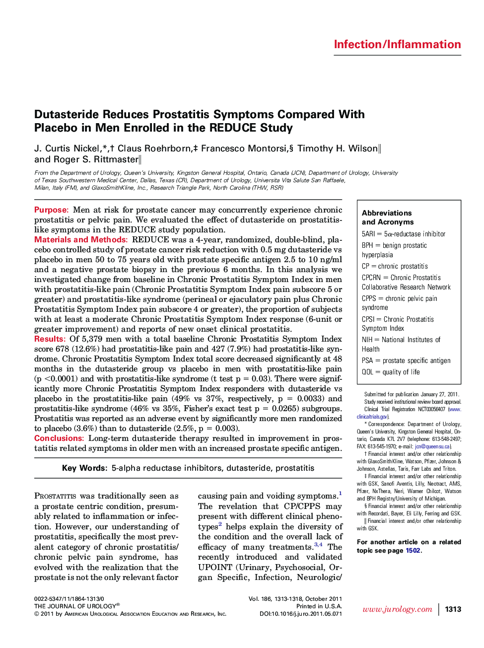 Dutasteride Reduces Prostatitis Symptoms Compared With Placebo in Men Enrolled in the REDUCE Study