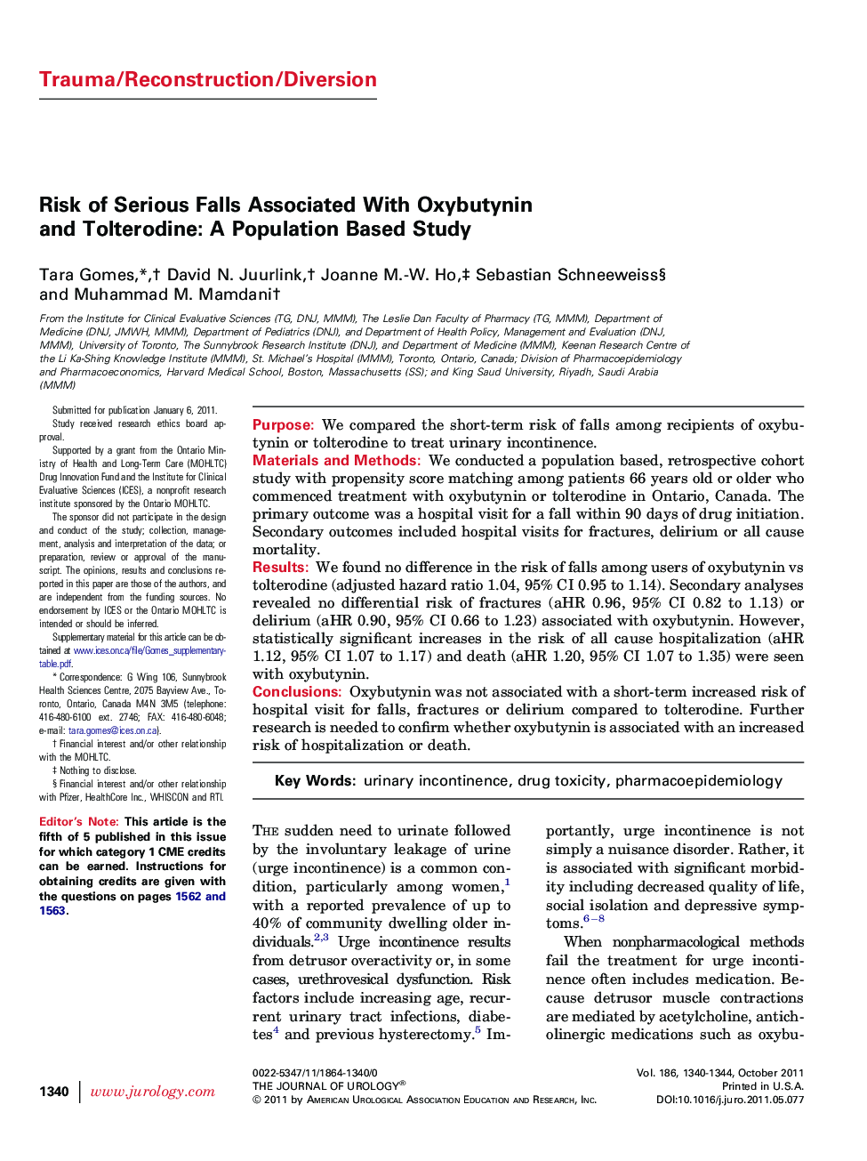 Risk of Serious Falls Associated With Oxybutynin and Tolterodine: A Population Based Study 