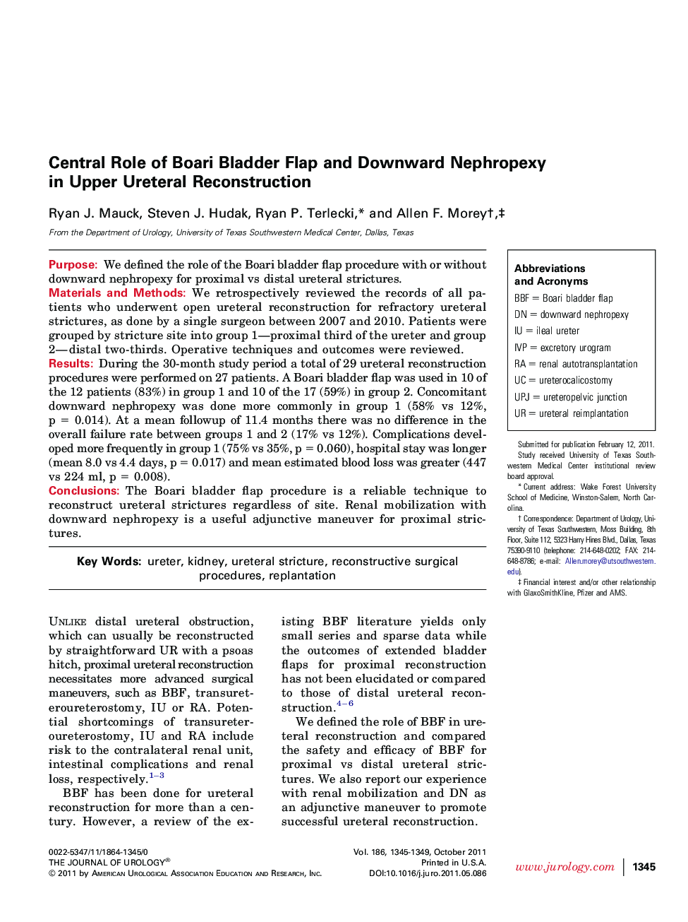 Central Role of Boari Bladder Flap and Downward Nephropexy in Upper Ureteral Reconstruction