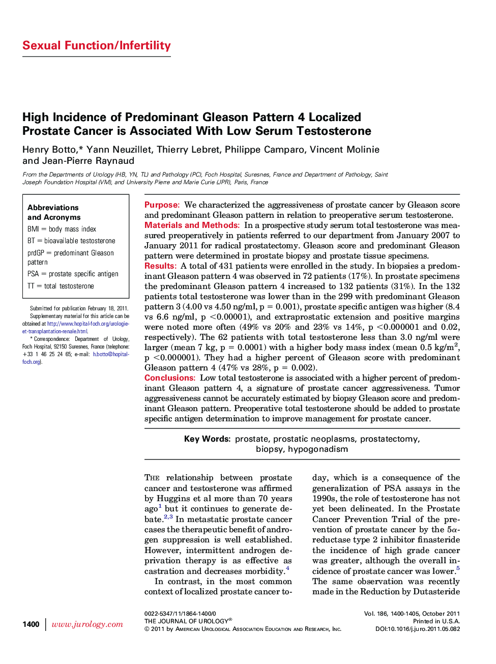 High Incidence of Predominant Gleason Pattern 4 Localized Prostate Cancer is Associated With Low Serum Testosterone