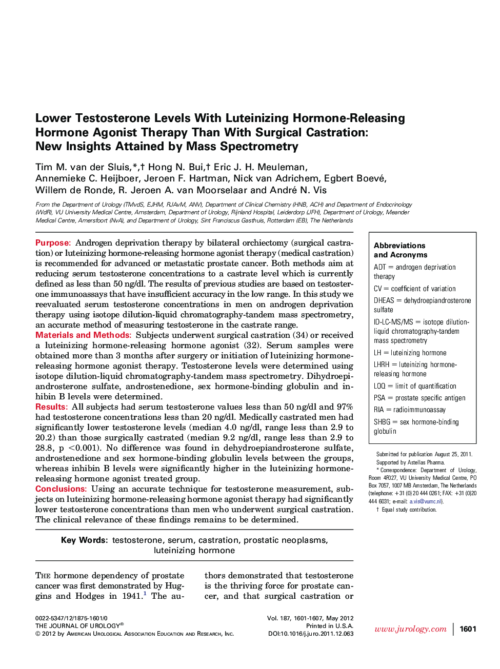 Lower Testosterone Levels With Luteinizing Hormone-Releasing Hormone Agonist Therapy Than With Surgical Castration: New Insights Attained by Mass Spectrometry 