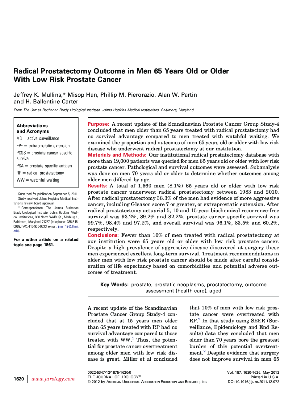 Radical Prostatectomy Outcome in Men 65 Years Old or Older With Low Risk Prostate Cancer 