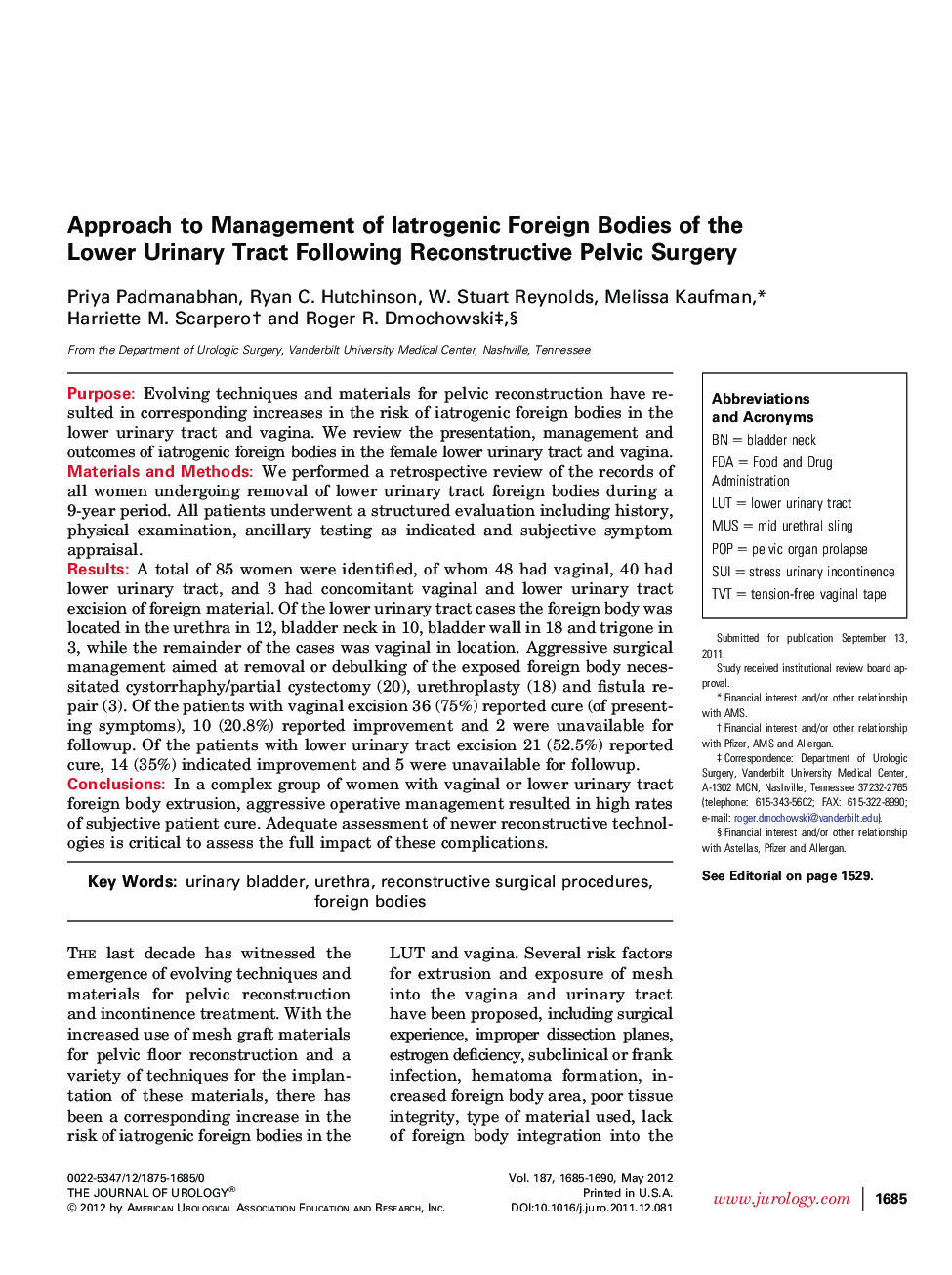 Approach to Management of Iatrogenic Foreign Bodies of the Lower Urinary Tract Following Reconstructive Pelvic Surgery 