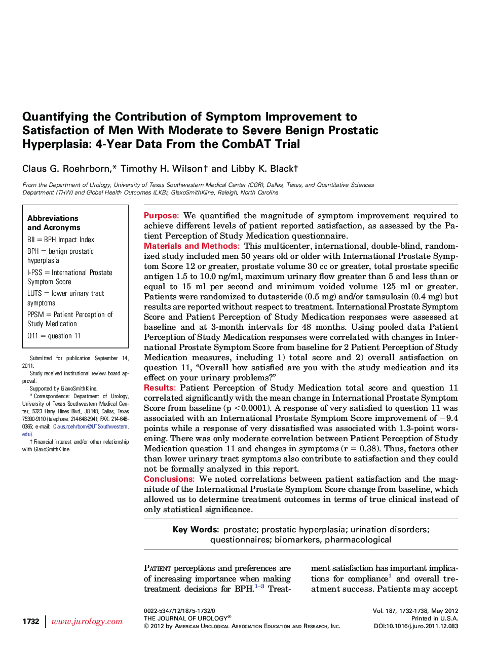 عکس صفحه اول مقاله: Quantifying the Contribution of Symptom Improvement to Satisfaction of Men With Moderate to Severe Benign Prostatic Hyperplasia: 4-Year Data From the CombAT Trial Quantifying the Contribution of Symptom Improvement to Satisfaction of Men With Moderate to Severe Benign Prostatic Hyperplasia: 4-Year Data From the CombAT Trial