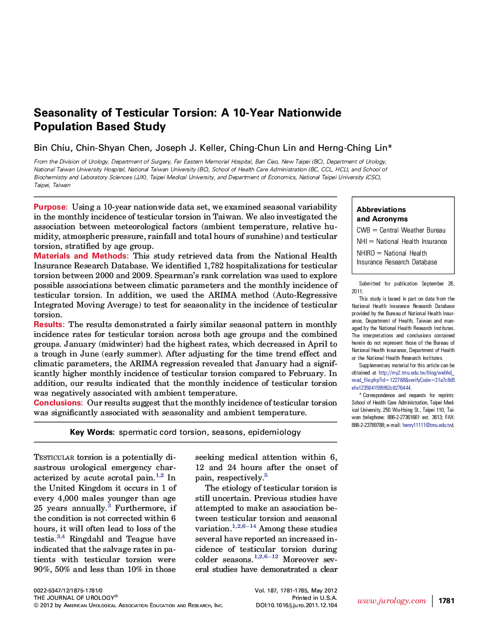Seasonality of Testicular Torsion: A 10-Year Nationwide Population Based Study