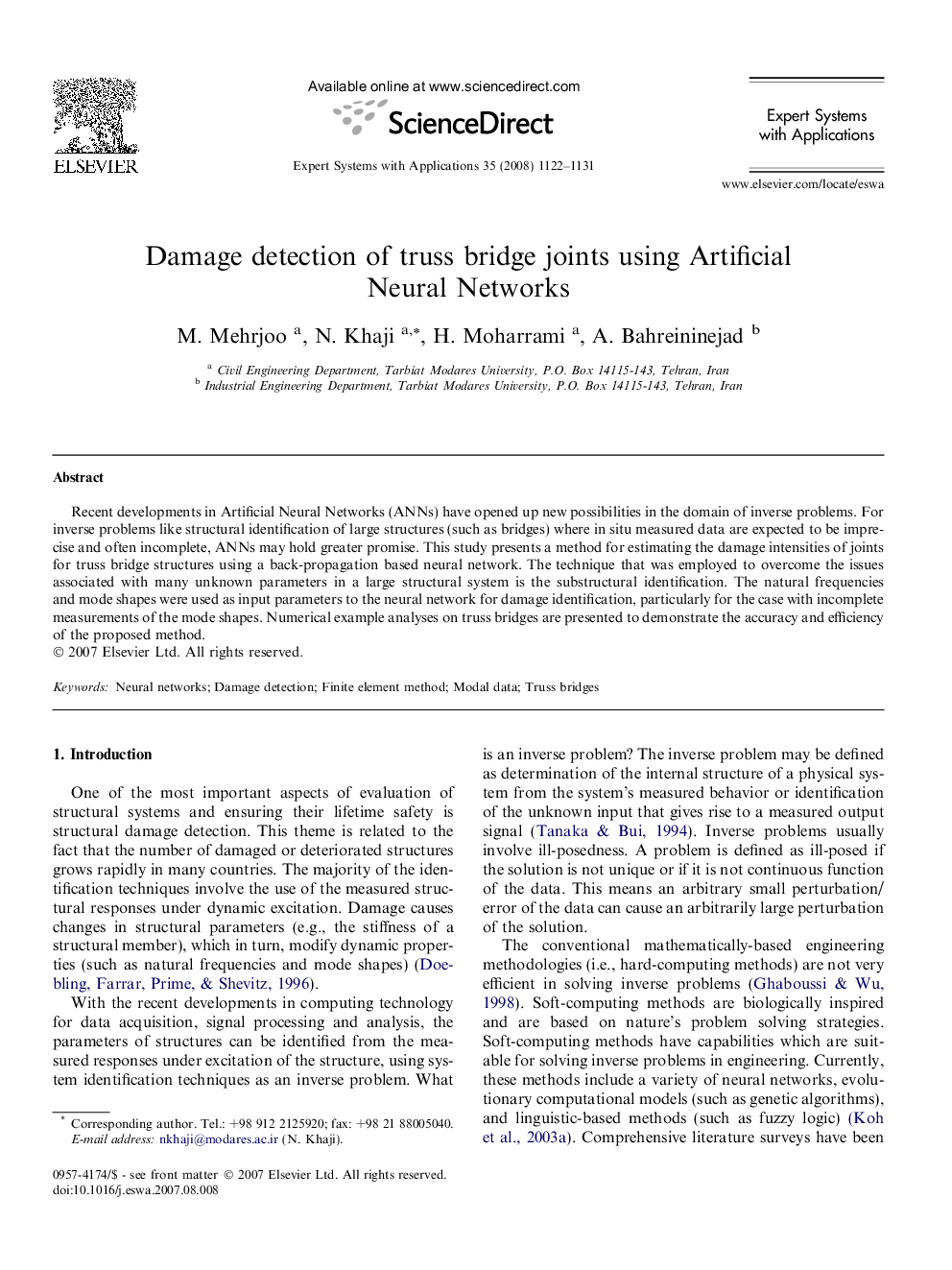 Damage detection of truss bridge joints using Artificial Neural Networks