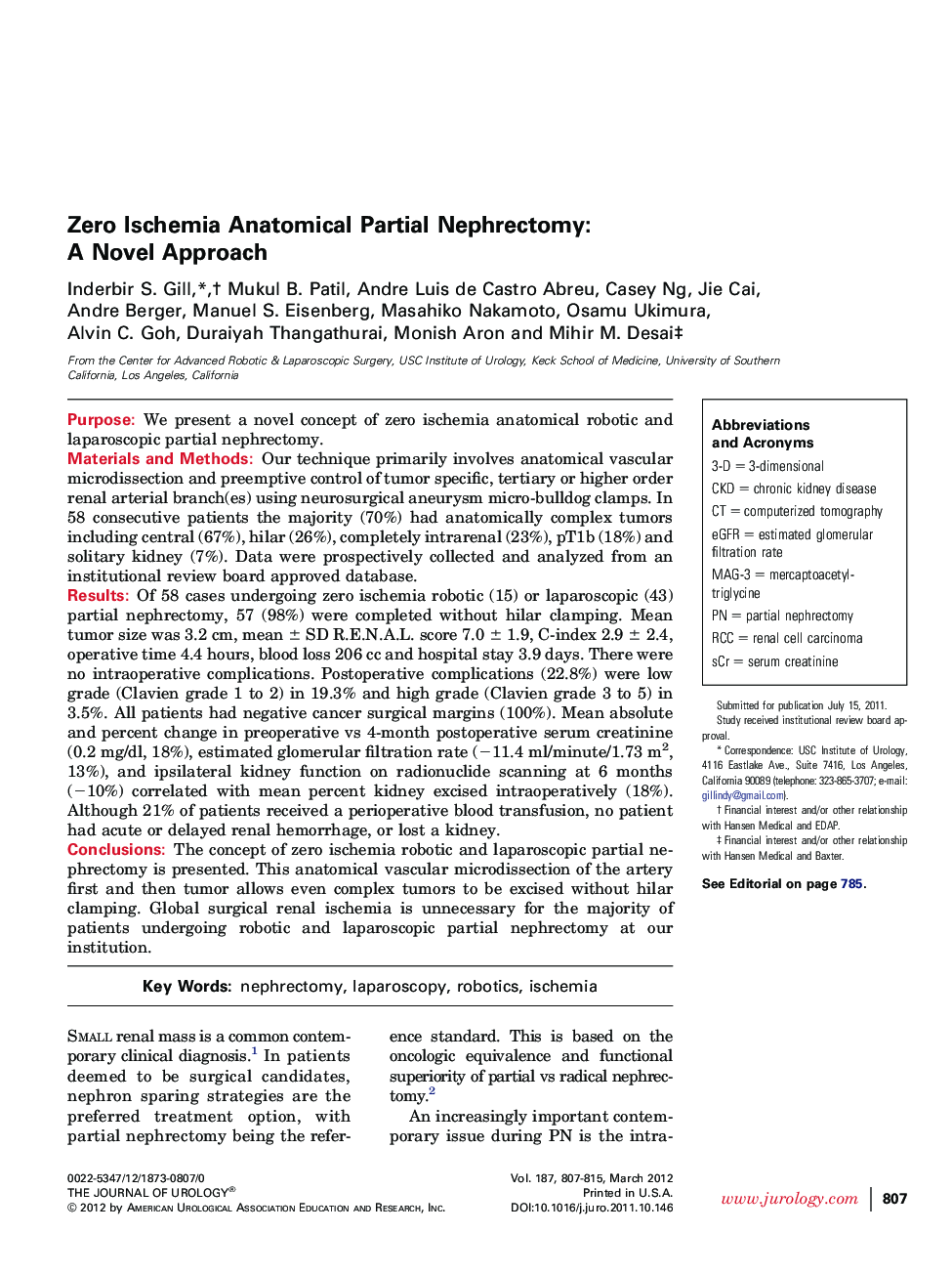 Zero Ischemia Anatomical Partial Nephrectomy: A Novel Approach 