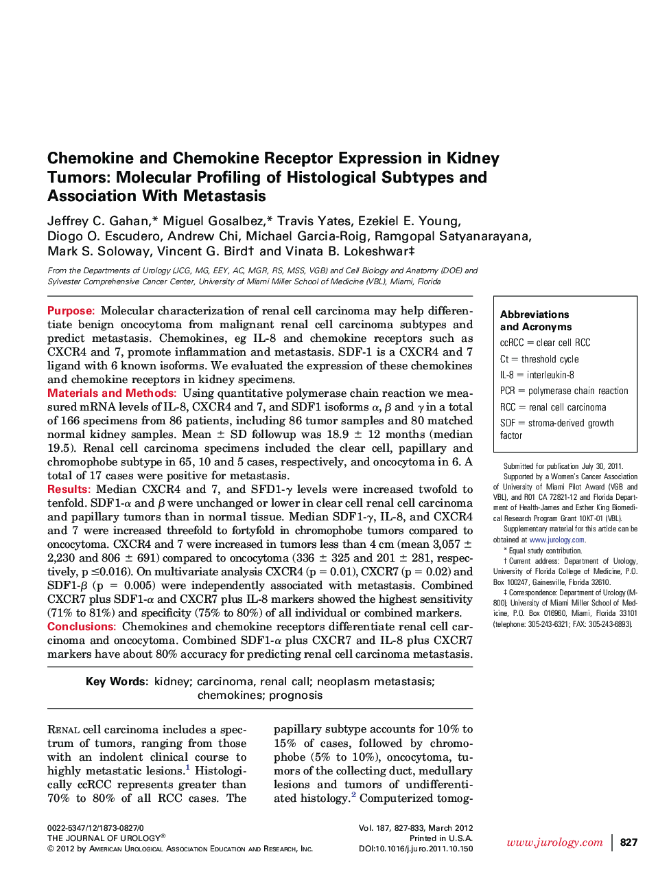 Chemokine and Chemokine Receptor Expression in Kidney Tumors: Molecular Profiling of Histological Subtypes and Association With Metastasis 