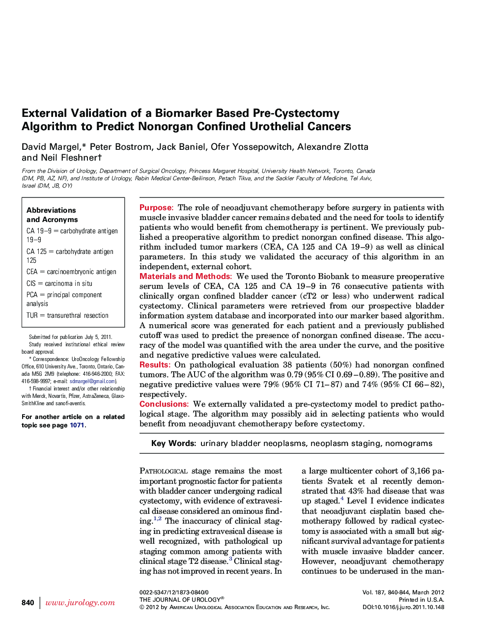 External Validation of a Biomarker Based Pre-Cystectomy Algorithm to Predict Nonorgan Confined Urothelial Cancers 