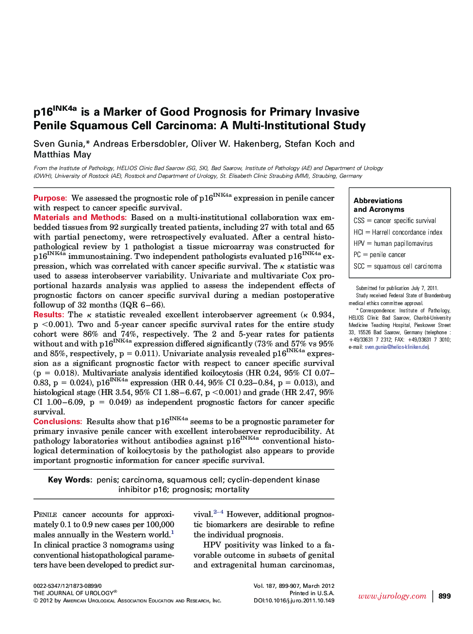 p16INK4a is a Marker of Good Prognosis for Primary Invasive Penile Squamous Cell Carcinoma: A Multi-Institutional Study 