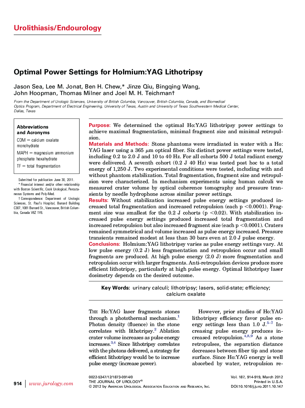 Optimal Power Settings for Holmium:YAG Lithotripsy