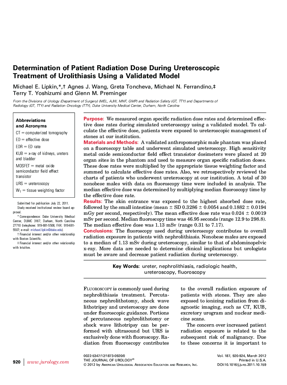 Determination of Patient Radiation Dose During Ureteroscopic Treatment of Urolithiasis Using a Validated Model