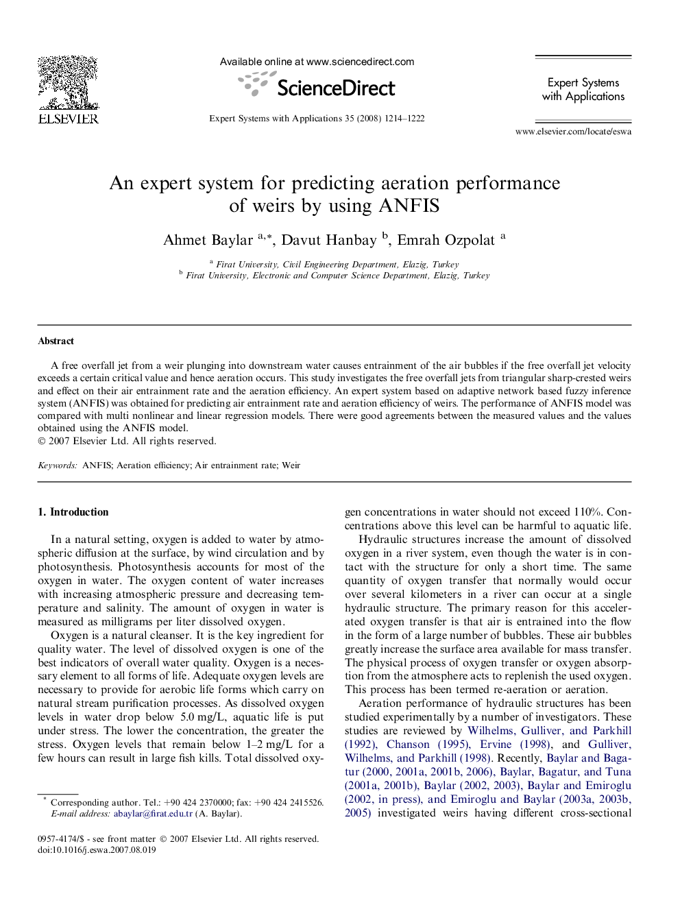 An expert system for predicting aeration performance of weirs by using ANFIS