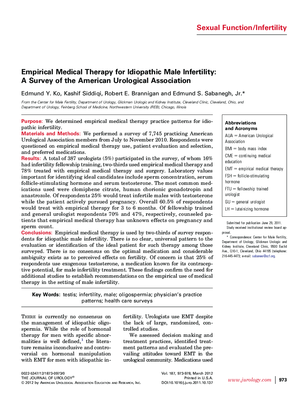 Empirical Medical Therapy for Idiopathic Male Infertility: A Survey of the American Urological Association