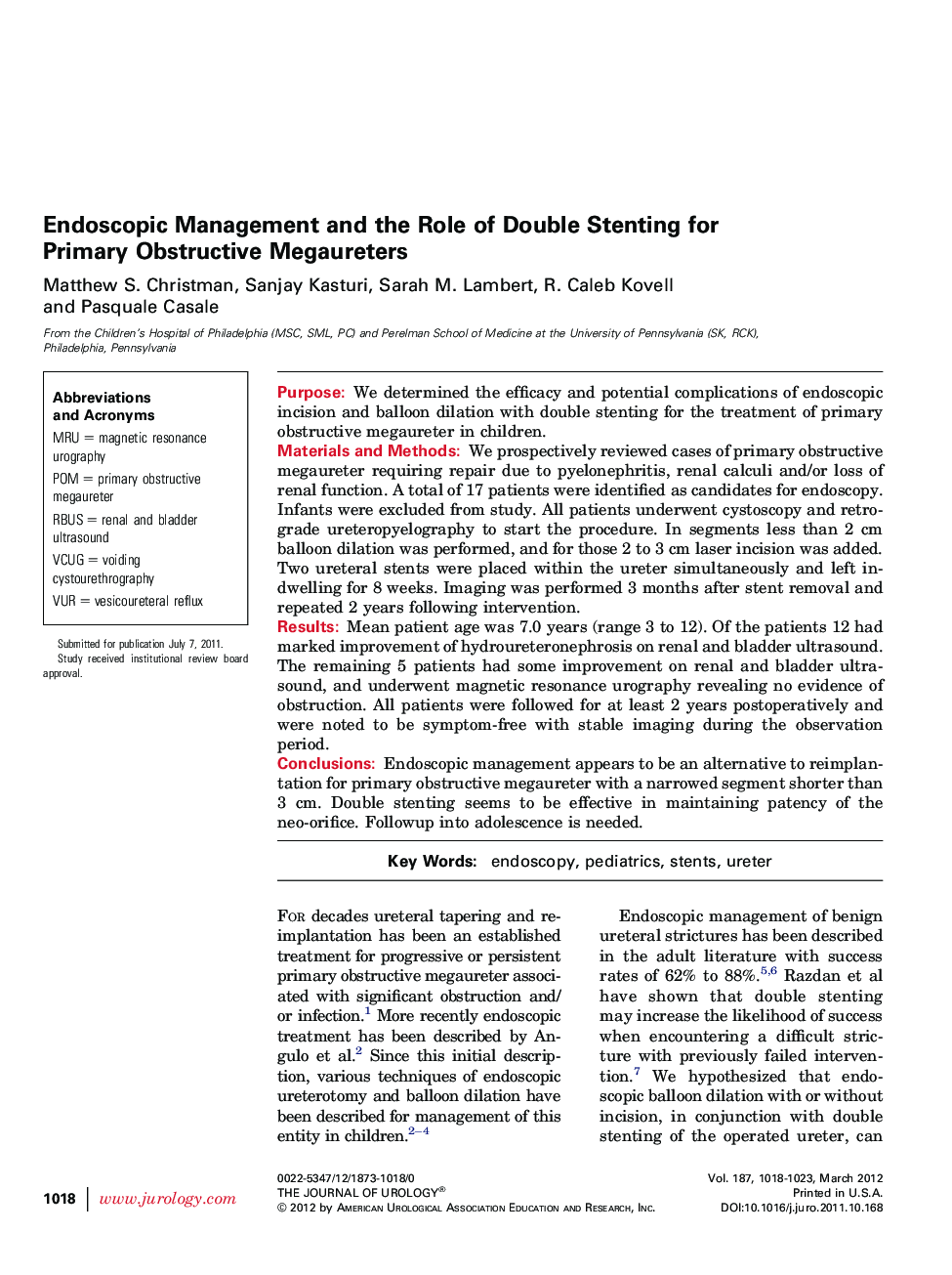 Endoscopic Management and the Role of Double Stenting for Primary Obstructive Megaureters 