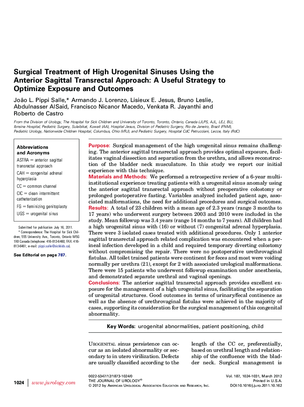 Surgical Treatment of High Urogenital Sinuses Using the Anterior Sagittal Transrectal Approach: A Useful Strategy to Optimize Exposure and Outcomes