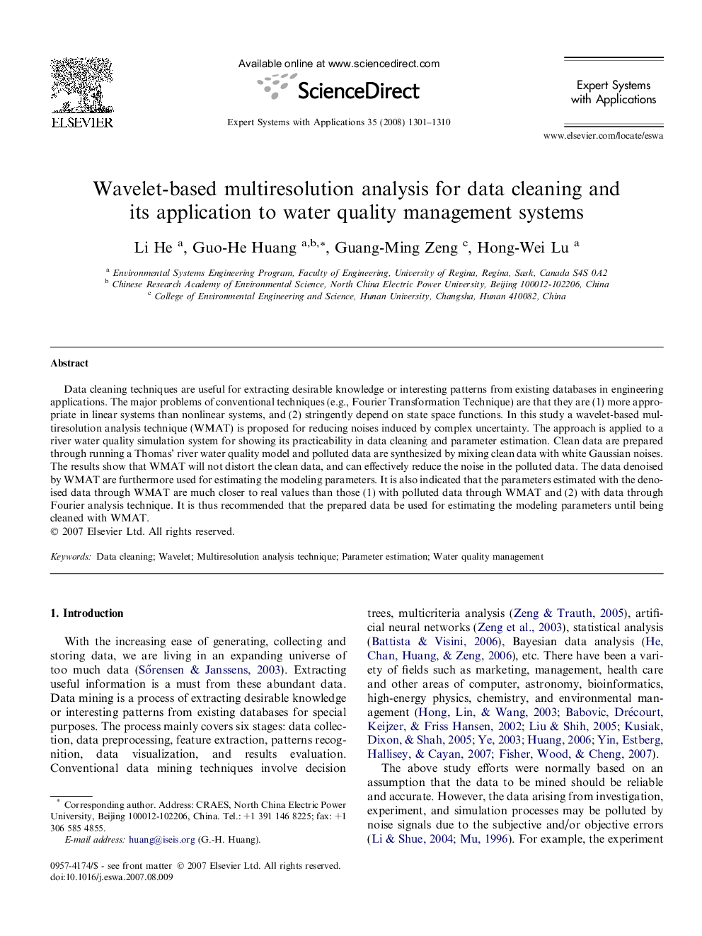 Wavelet-based multiresolution analysis for data cleaning and its application to water quality management systems