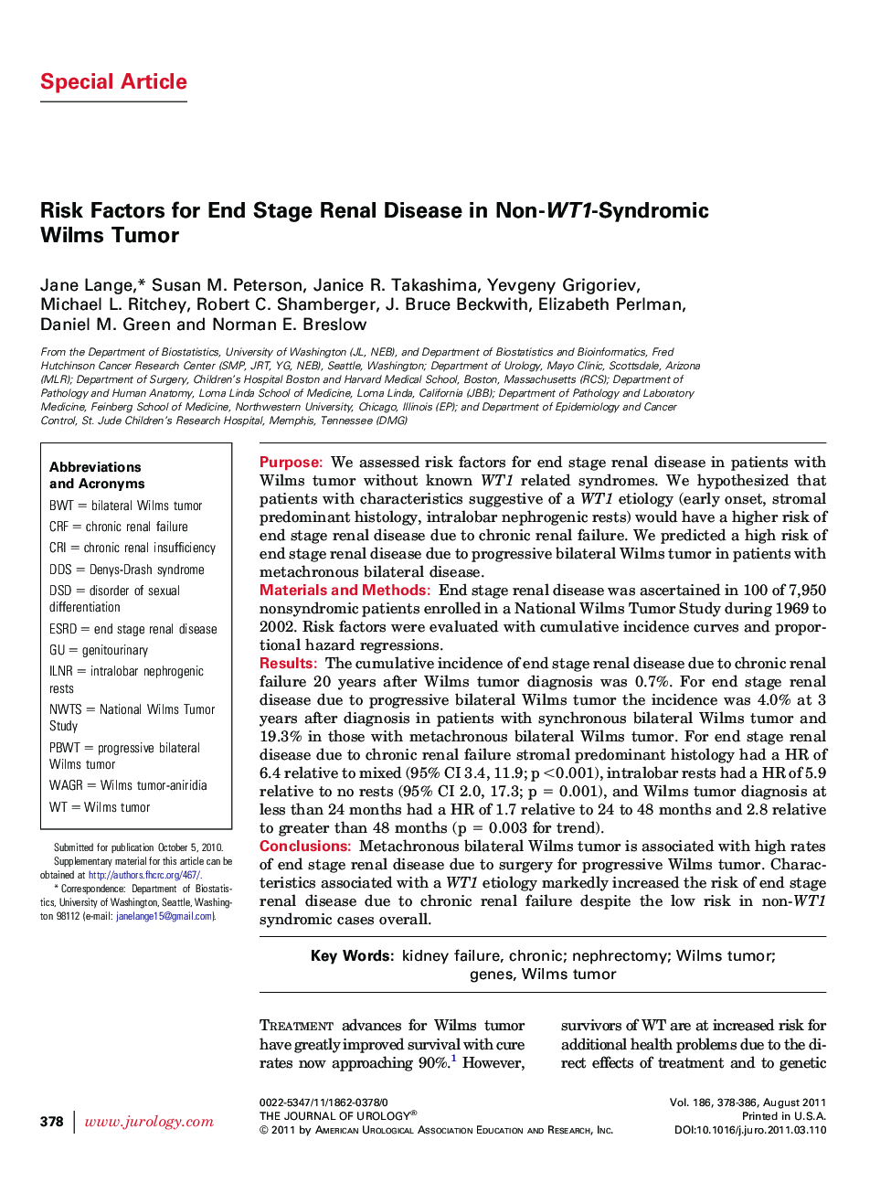 Risk Factors for End Stage Renal Disease in Non-WT1-Syndromic Wilms Tumor 