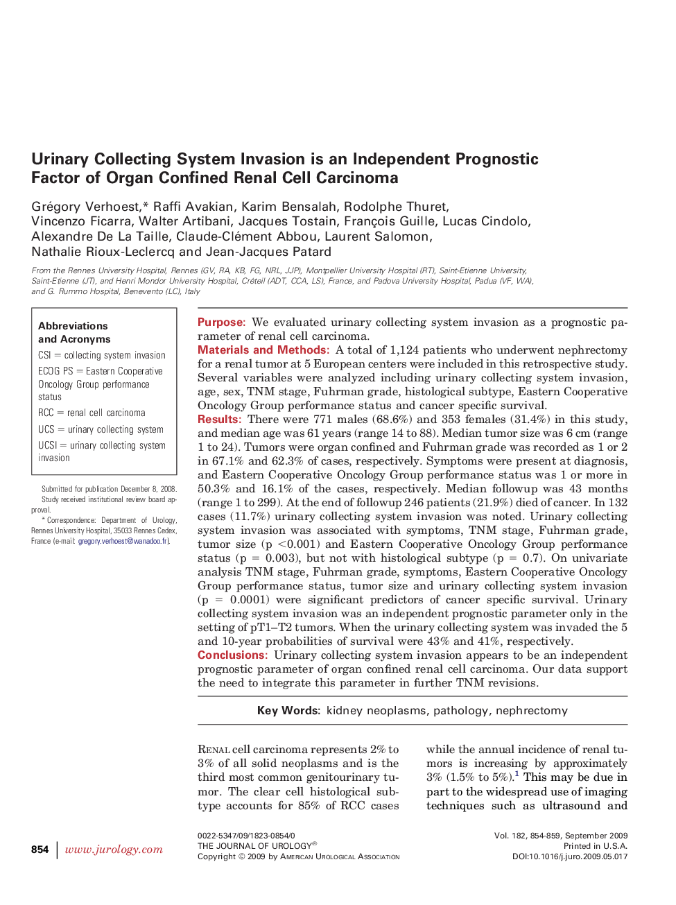 Urinary Collecting System Invasion is an Independent Prognostic Factor of Organ Confined Renal Cell Carcinoma 