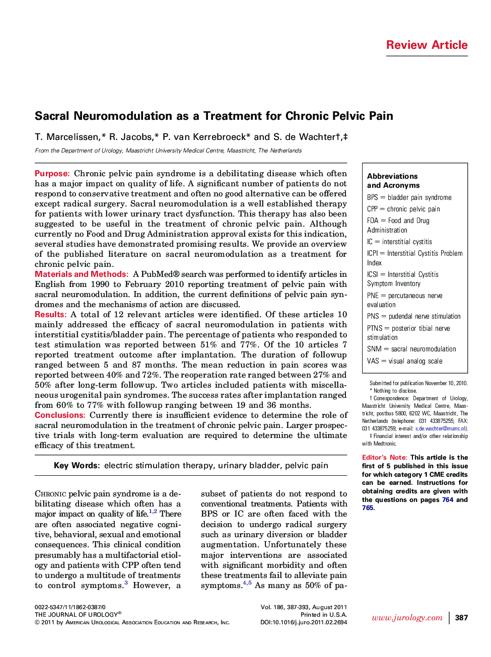 Sacral Neuromodulation as a Treatment for Chronic Pelvic Pain