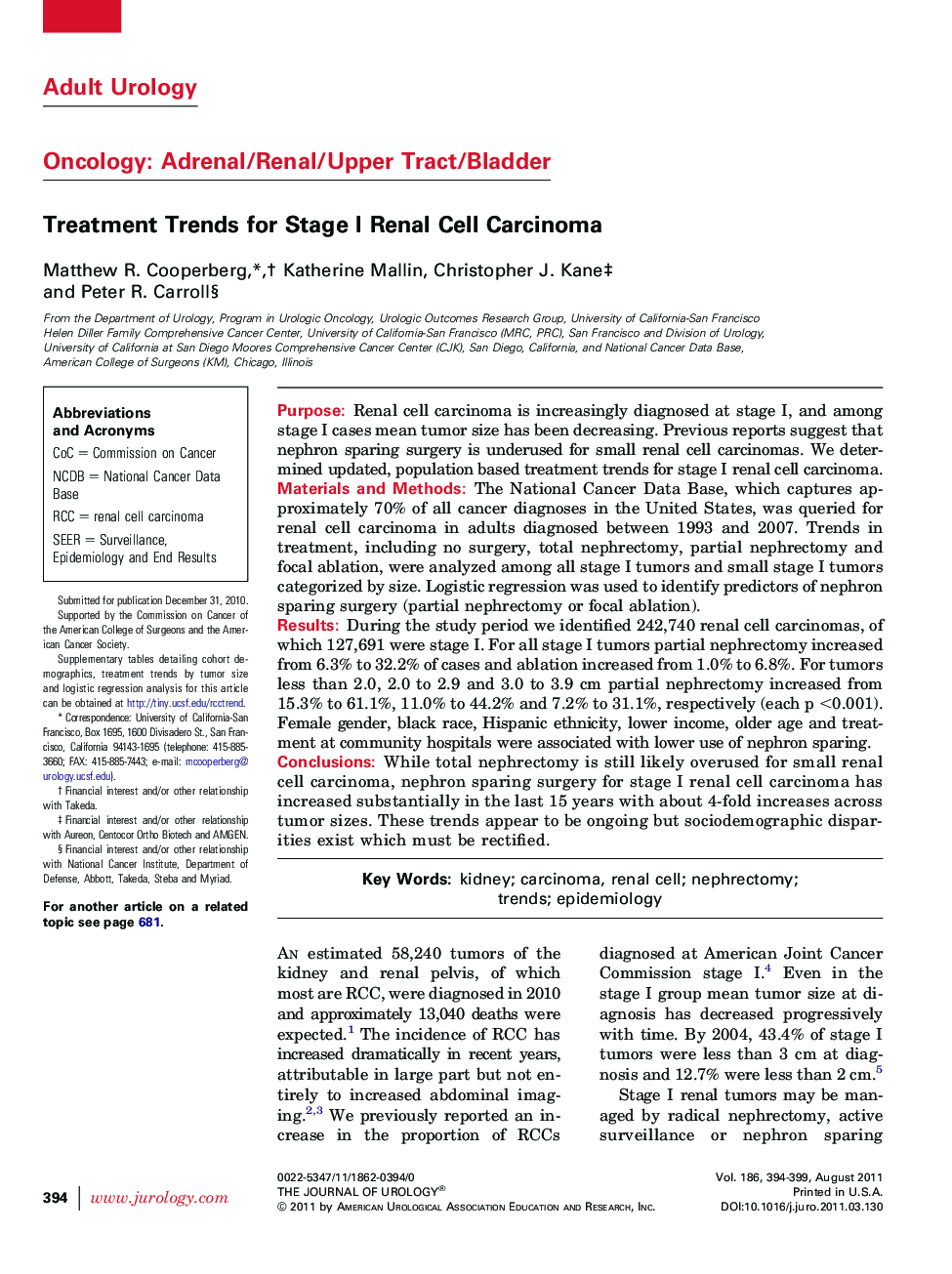 Treatment Trends for Stage I Renal Cell Carcinoma 