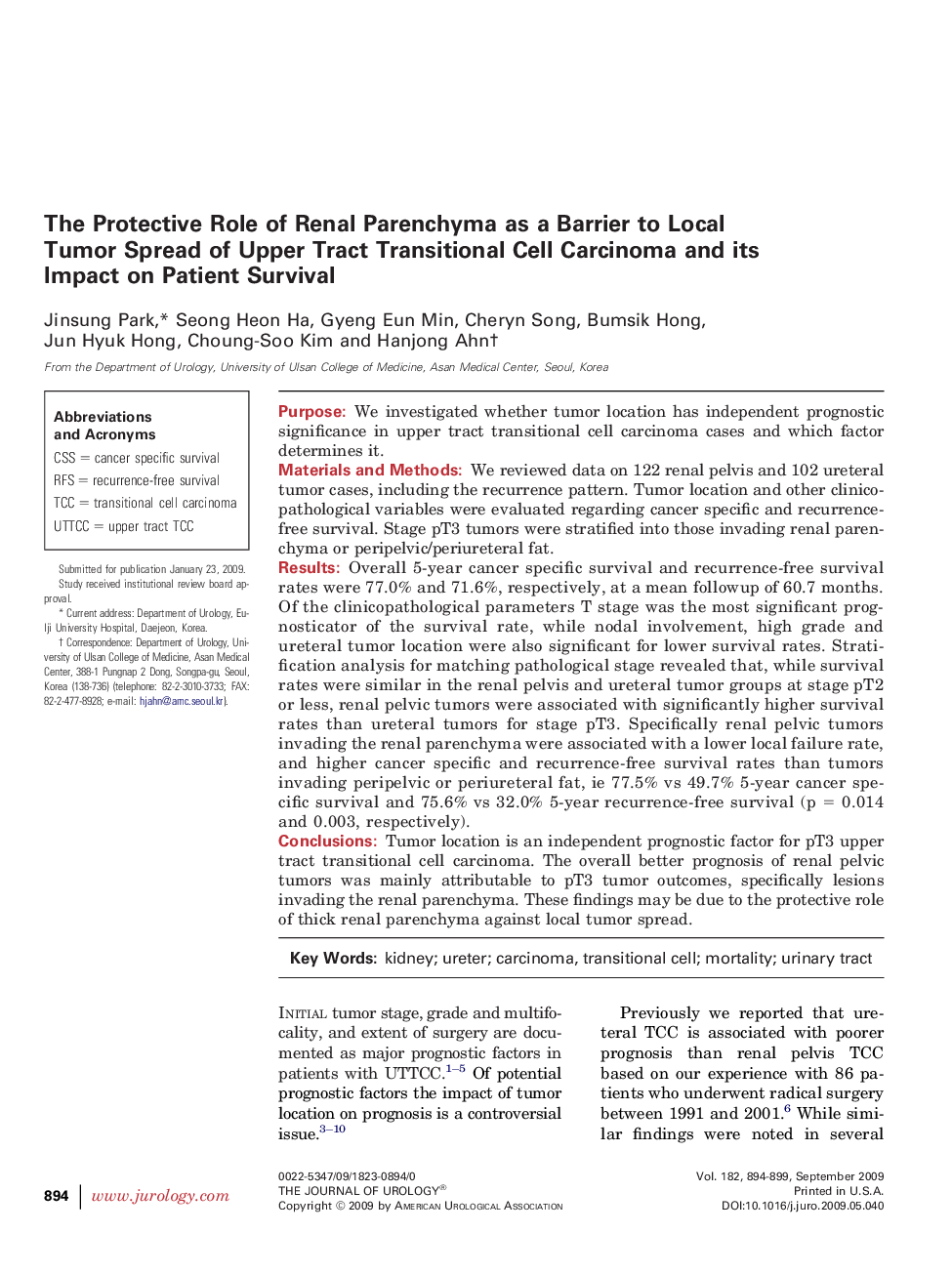 The Protective Role of Renal Parenchyma as a Barrier to Local Tumor Spread of Upper Tract Transitional Cell Carcinoma and its Impact on Patient Survival 