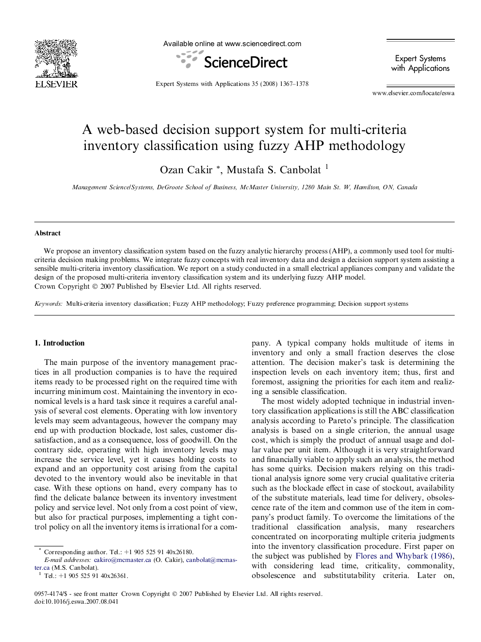 A web-based decision support system for multi-criteria inventory classification using fuzzy AHP methodology