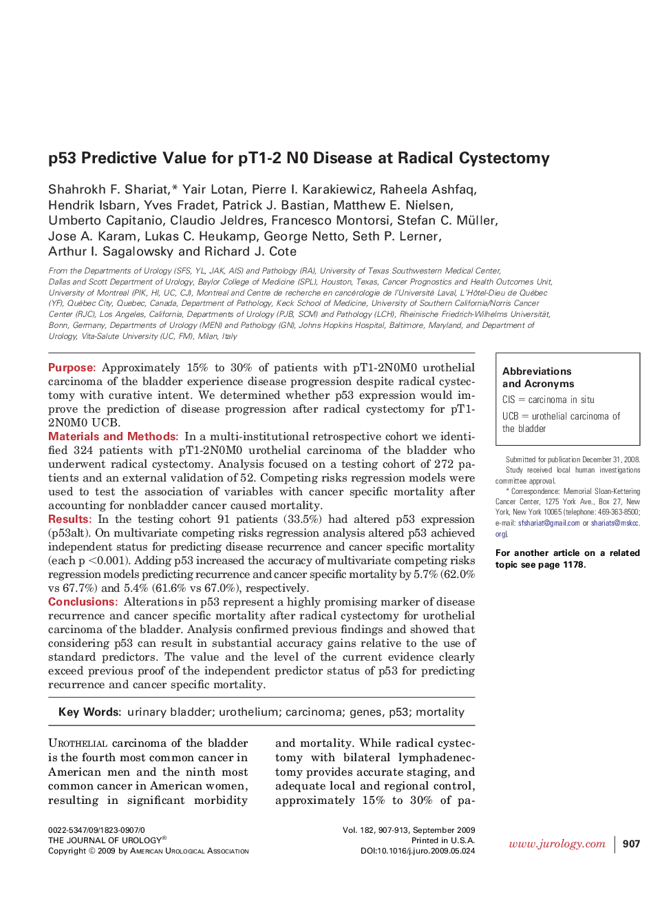 p53 Predictive Value for pT1-2 N0 Disease at Radical Cystectomy