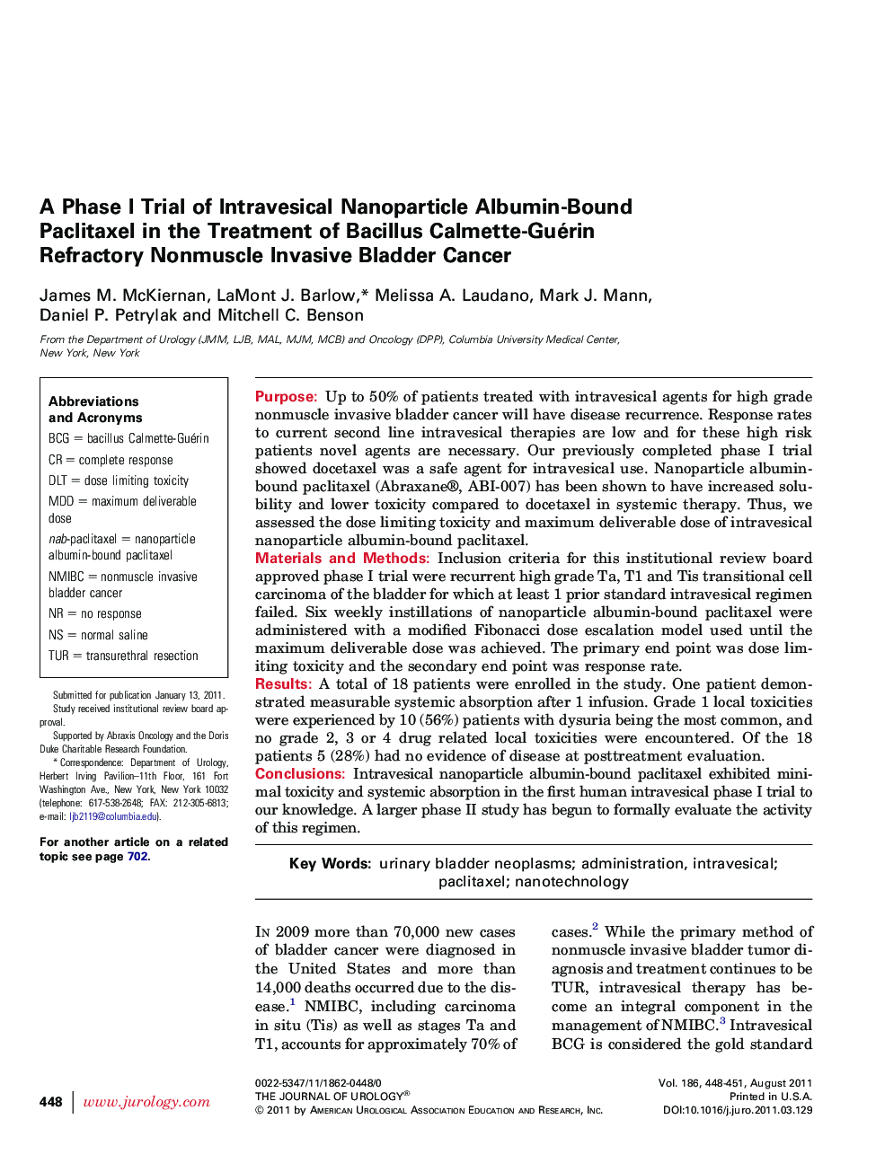 A Phase I Trial of Intravesical Nanoparticle Albumin-Bound Paclitaxel in the Treatment of Bacillus Calmette-Guérin Refractory Nonmuscle Invasive Bladder Cancer 