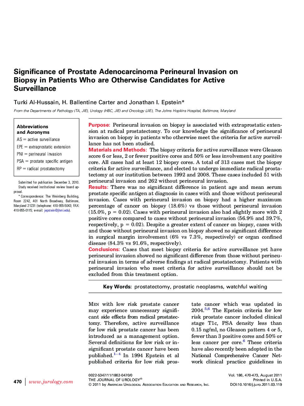 Significance of Prostate Adenocarcinoma Perineural Invasion on Biopsy in Patients Who are Otherwise Candidates for Active Surveillance 