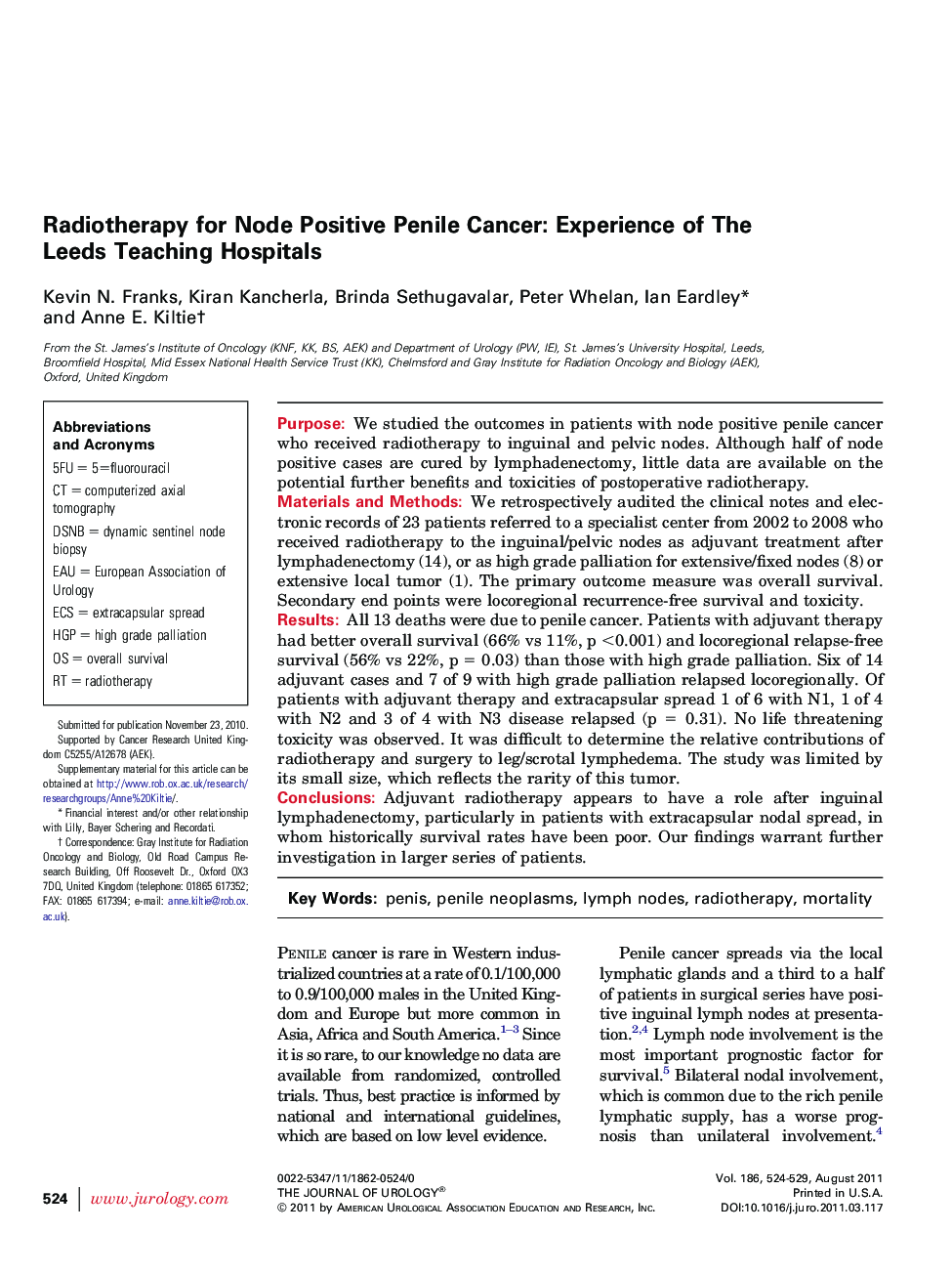 Radiotherapy for Node Positive Penile Cancer: Experience of The Leeds Teaching Hospitals