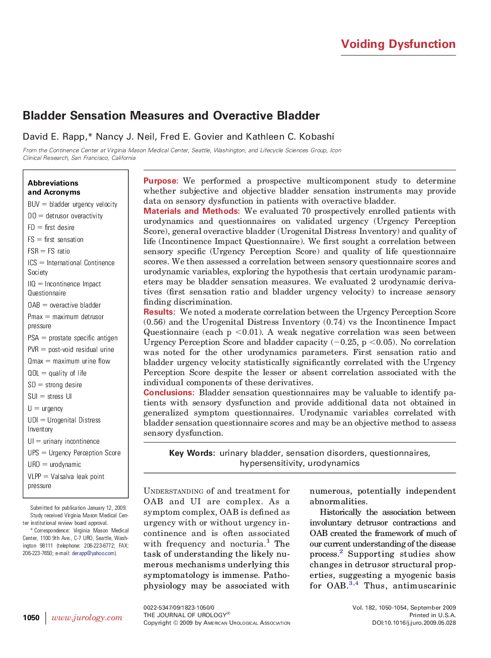 Bladder Sensation Measures and Overactive Bladder 