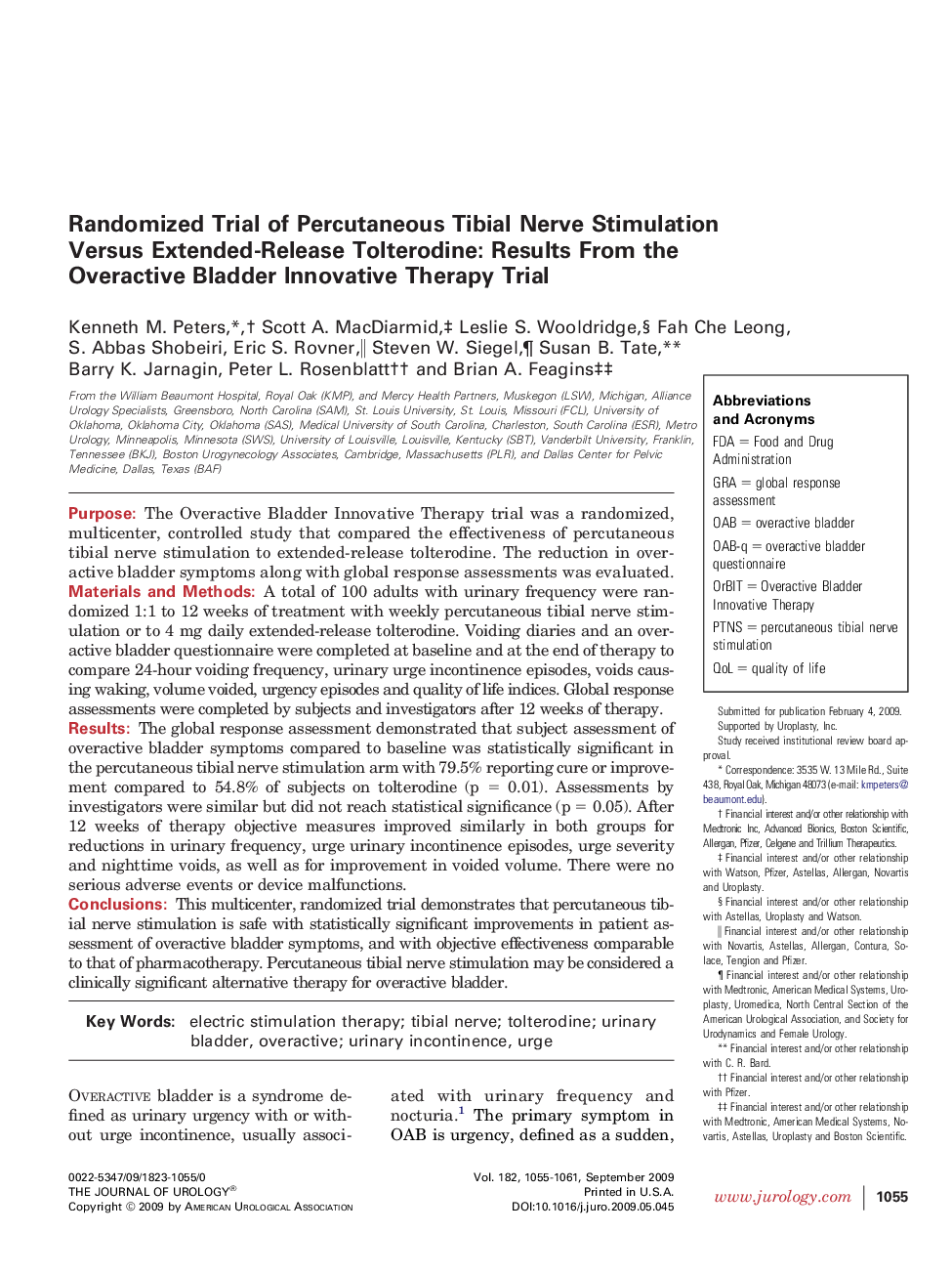 Randomized Trial of Percutaneous Tibial Nerve Stimulation Versus Extended-Release Tolterodine: Results From the Overactive Bladder Innovative Therapy Trial 