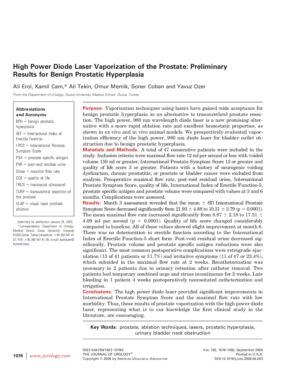 High Power Diode Laser Vaporization of the Prostate: Preliminary Results for Benign Prostatic Hyperplasia